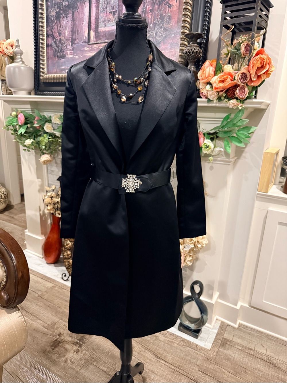 Cachet Black Satin Long Blazer with Decorative Crystal Belt